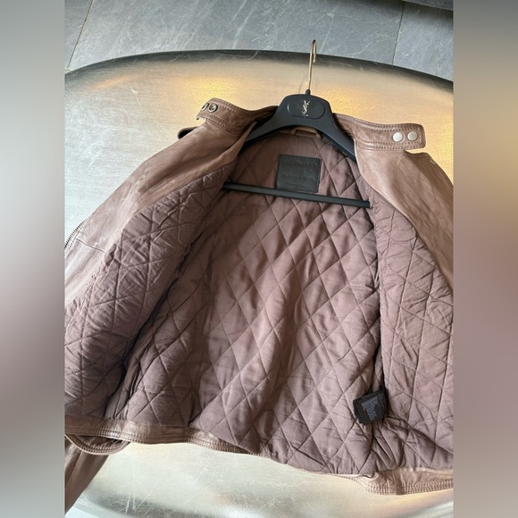 AllSaints Lamb Leather Biker Jacket Natural Pointed Collar Padded Inside US 10 - Picture 11 of 16